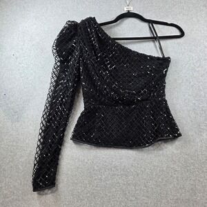 Marciano Guess Womens Black One Shoulder Sequin Lattice Peplum Top Sm Puff Sleev